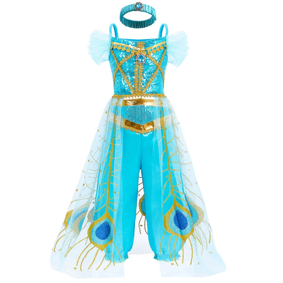 Halloween Costume Aladdin Jasmine Dress For Girl Magic Lamp Live Action Movie Princess Cosplay Costume Tops And Pants With Cloak