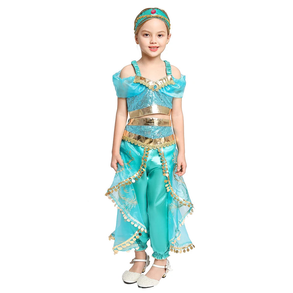Classic Princess Jasmine Costume for Girls Halloween Carnival Aladdin Cosplay Jasmine Party Clothing Kid Purim Dress Up