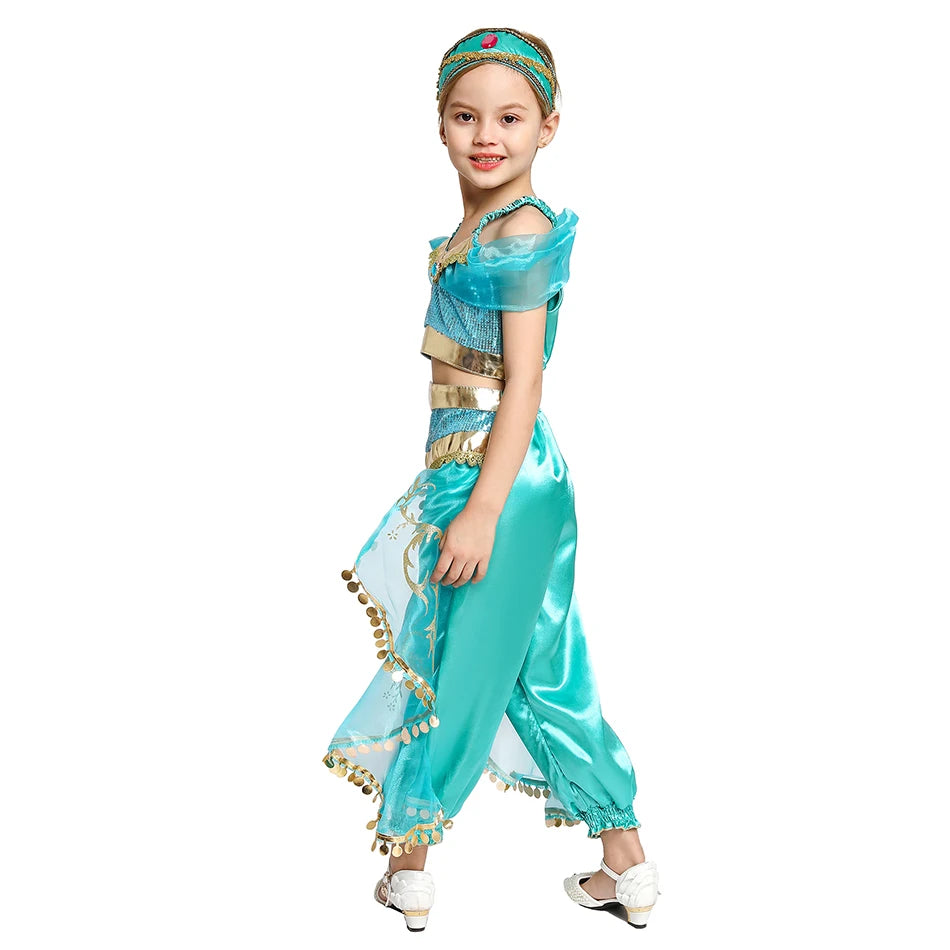Classic Princess Jasmine Costume for Girls Halloween Carnival Aladdin Cosplay Jasmine Party Clothing Kid Purim Dress Up