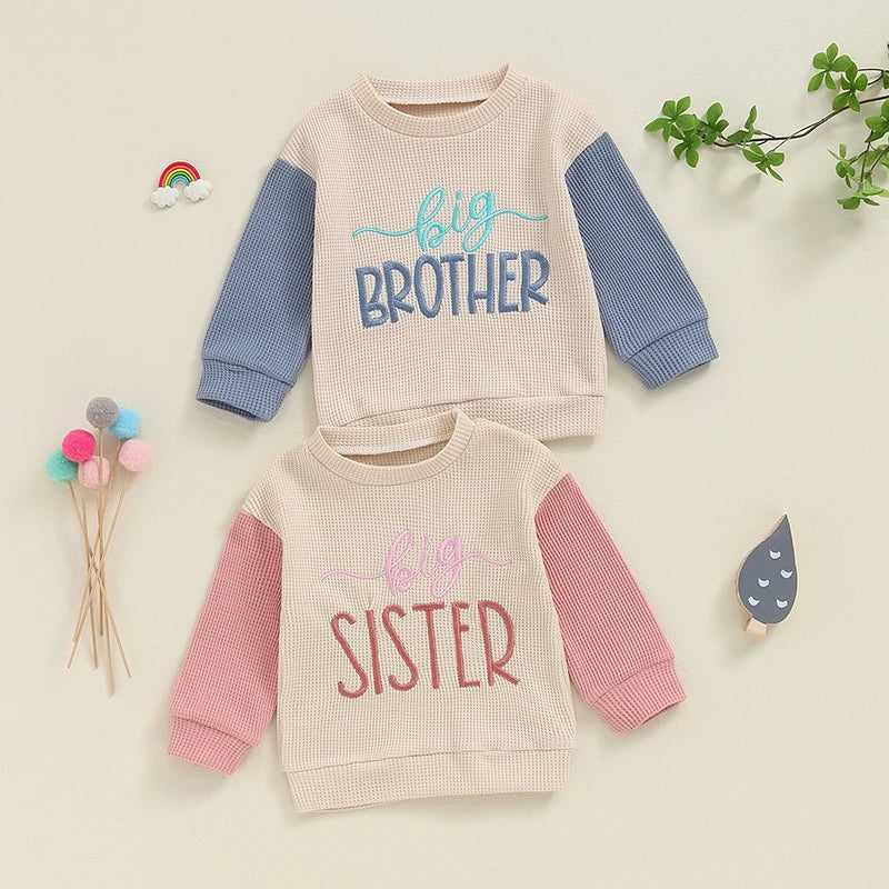 Toddler Clothes Baby Girl Boy Big Sister Crewneck Sweatshirt Big Brother Oversized Sweater Waffle Fall Children's Clothing
