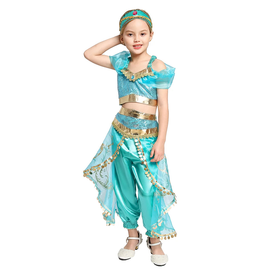 Classic Princess Jasmine Costume for Girls Halloween Carnival Aladdin Cosplay Jasmine Party Clothing Kid Purim Dress Up