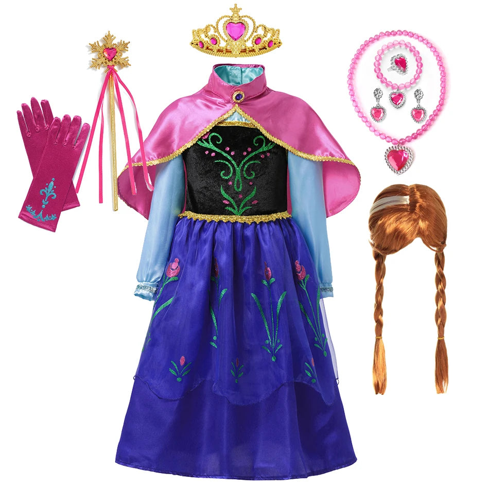 Elsa Anna Costume for Kids Little Girls Dress Children Performance Cloak Dress Up Kids Carnival Long Sleeve Cosplay Dresses