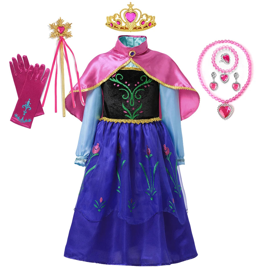 Elsa Anna Costume for Kids Little Girls Dress Children Performance Cloak Dress Up Kids Carnival Long Sleeve Cosplay Dresses
