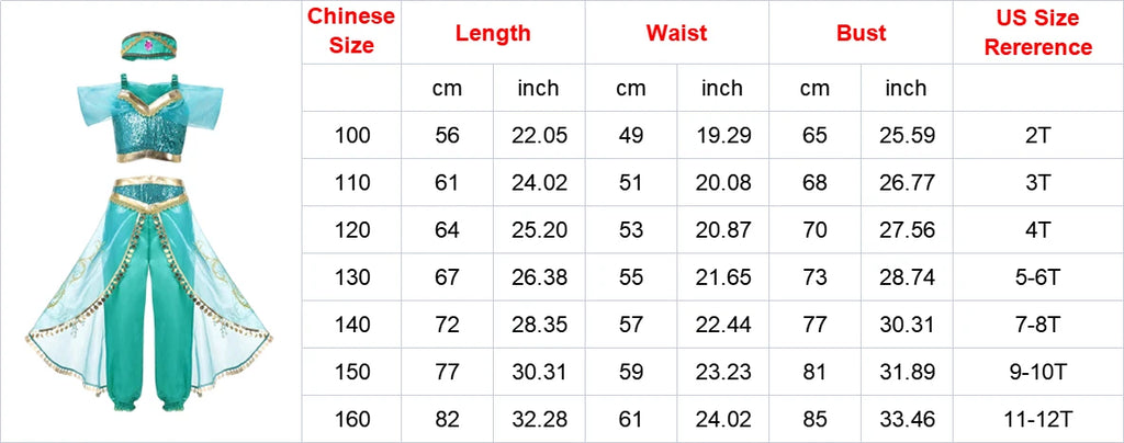 Classic Princess Jasmine Costume for Girls Halloween Carnival Aladdin Cosplay Jasmine Party Clothing Kid Purim Dress Up