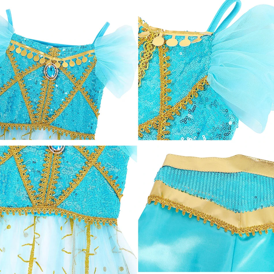 Halloween Costume Aladdin Jasmine Dress For Girl Magic Lamp Live Action Movie Princess Cosplay Costume Tops And Pants With Cloak