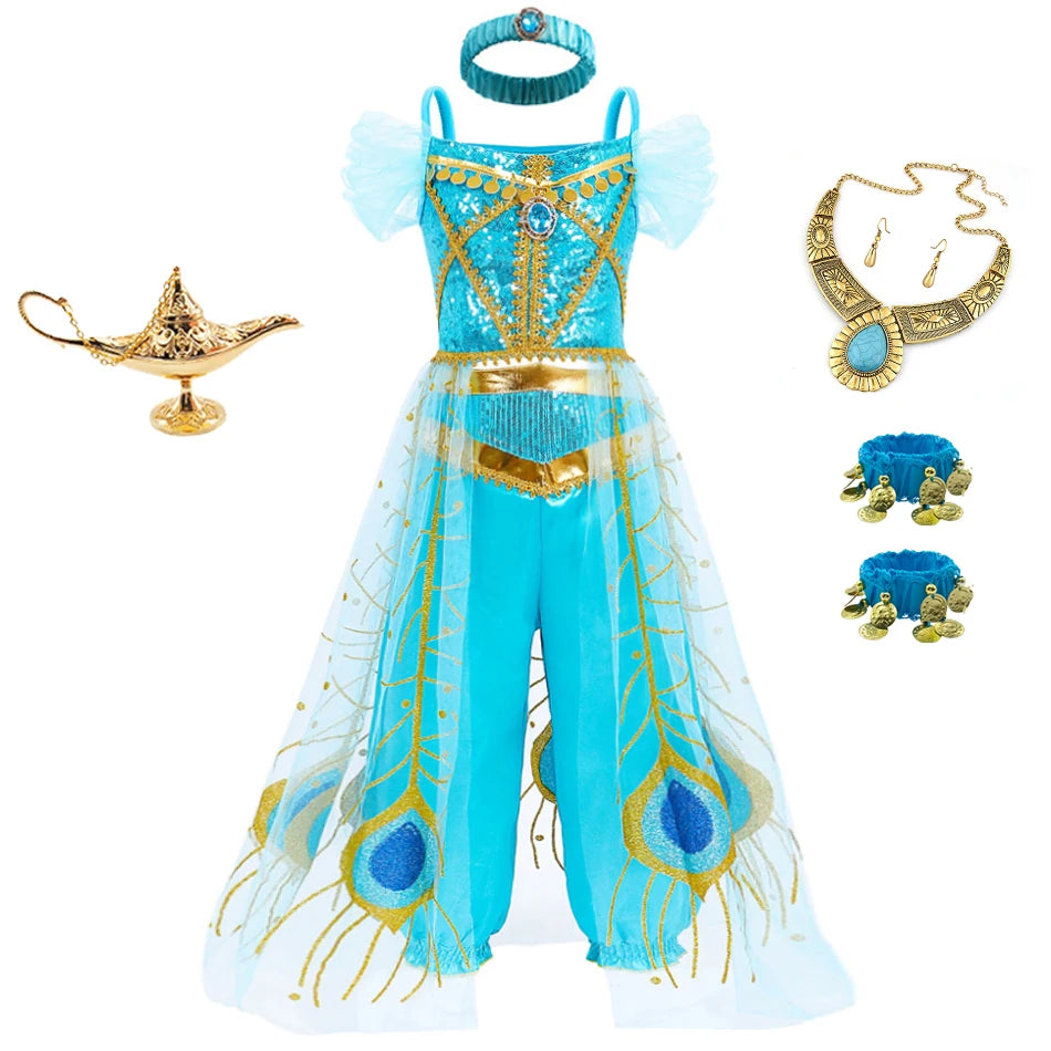 Halloween Costume Aladdin Jasmine Dress For Girl Magic Lamp Live Action Movie Princess Cosplay Costume Tops And Pants With Cloak