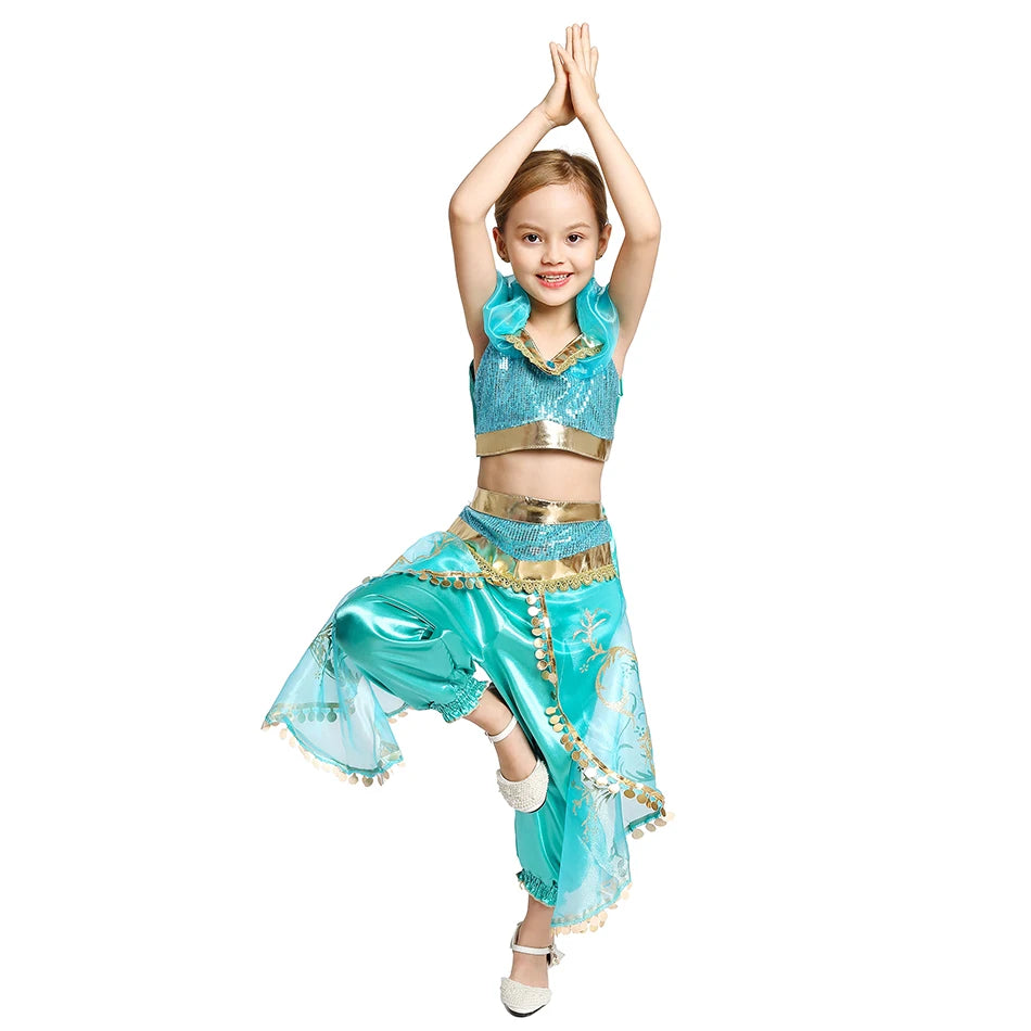 Classic Princess Jasmine Costume for Girls Halloween Carnival Aladdin Cosplay Jasmine Party Clothing Kid Purim Dress Up