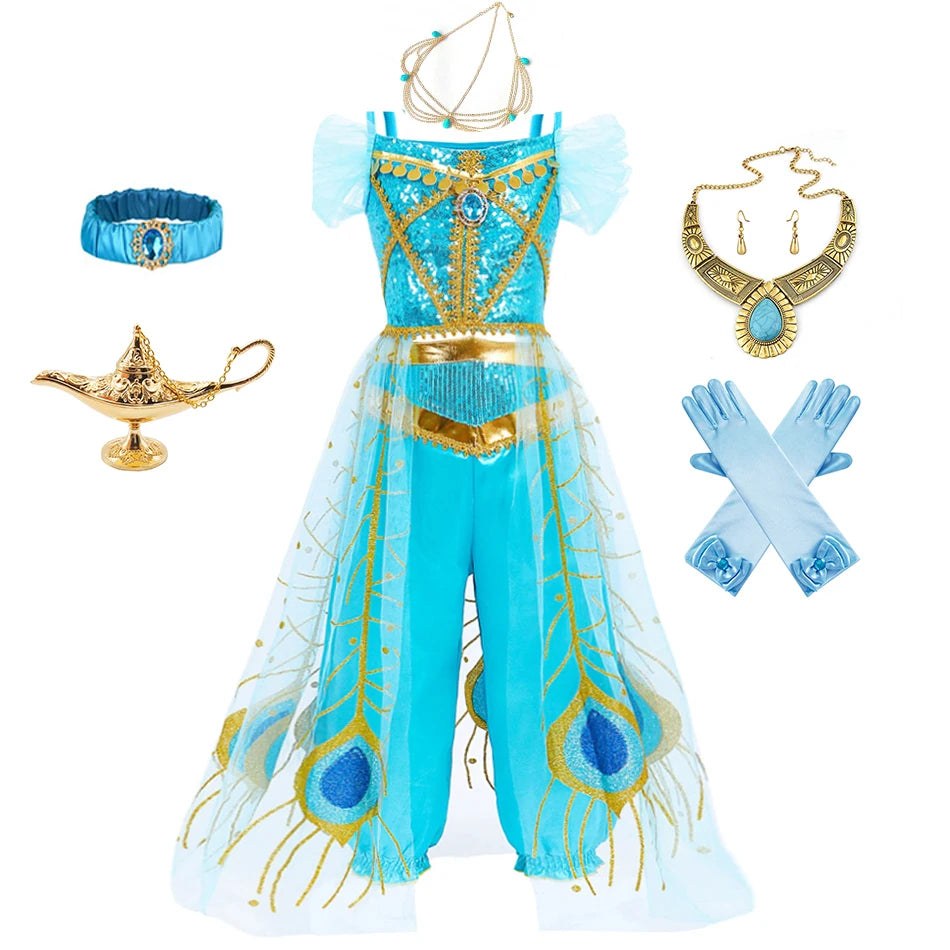 Halloween Costume Aladdin Jasmine Dress For Girl Magic Lamp Live Action Movie Princess Cosplay Costume Tops And Pants With Cloak