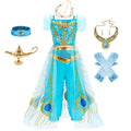 Halloween Costume Aladdin Jasmine Dress For Girl Magic Lamp Live Action Movie Princess Cosplay Costume Tops And Pants With Cloak