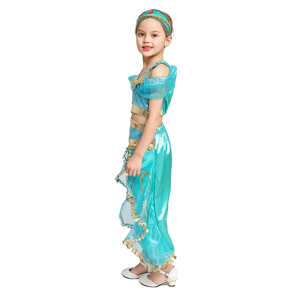 Classic Princess Jasmine Costume for Girls Halloween Carnival Aladdin Cosplay Jasmine Party Clothing Kid Purim Dress Up