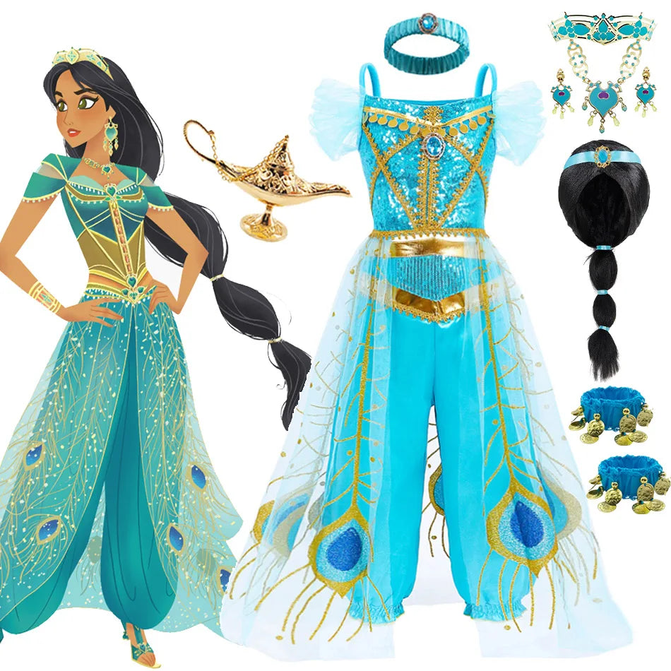 Halloween Costume Aladdin Jasmine Dress For Girl Magic Lamp Live Action Movie Princess Cosplay Costume Tops And Pants With Cloak