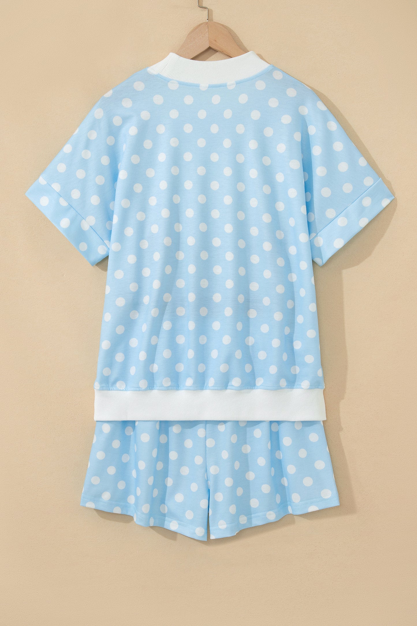 Pink Polka Dot Print Color Block Trim Mock Neck Short Set