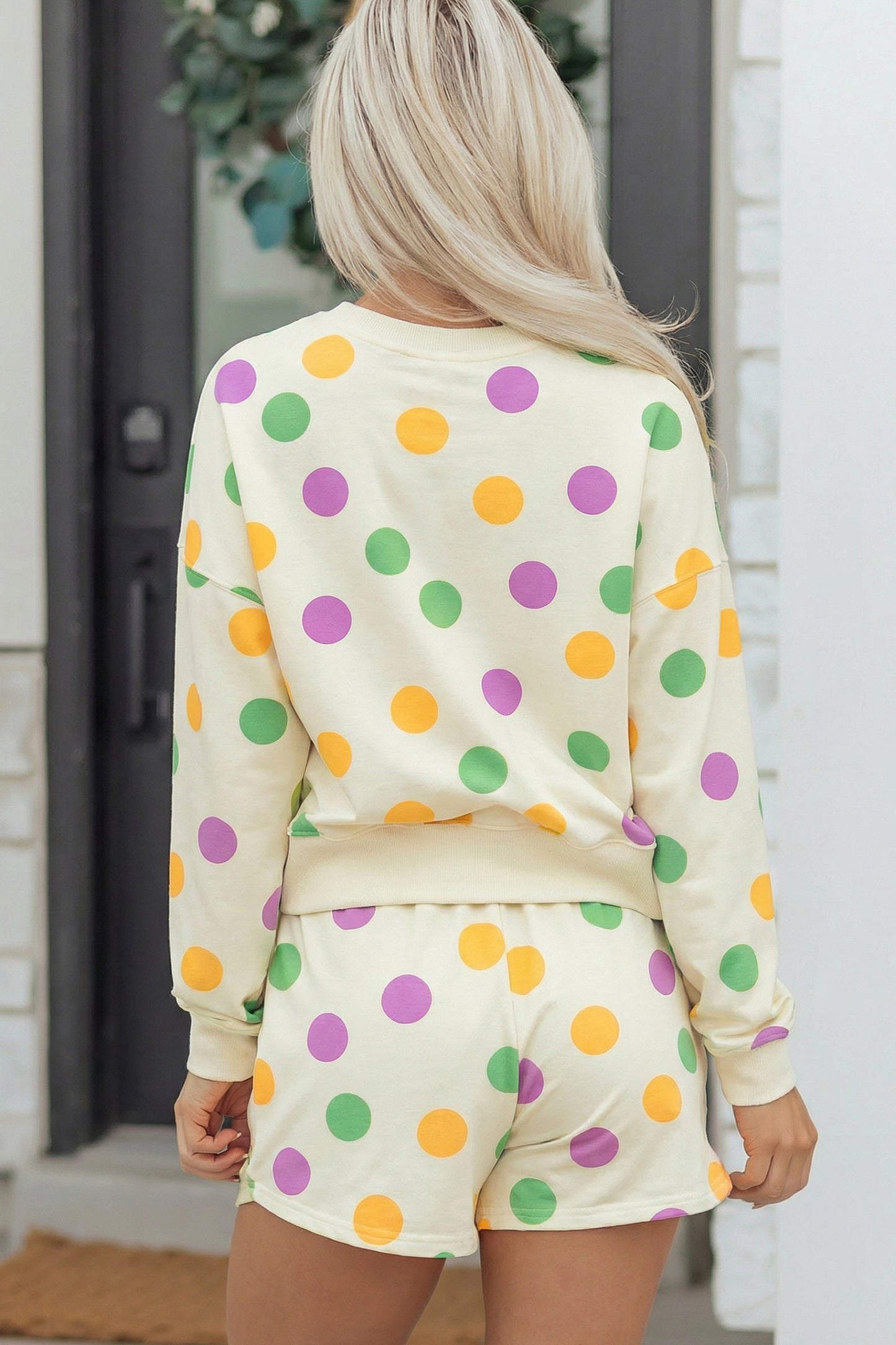 Pink Polka Dot Print Drop Shoulder Pullover Drawstring Shorts Set