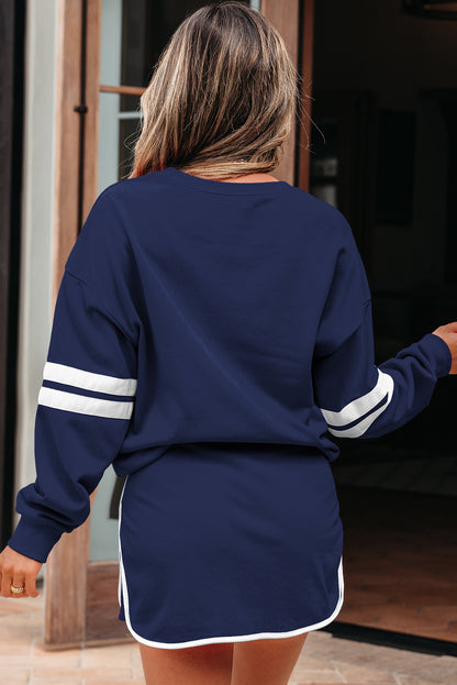 Black Varsity Stripe Detail Drop Shoulder Pullover Mini Skort Set