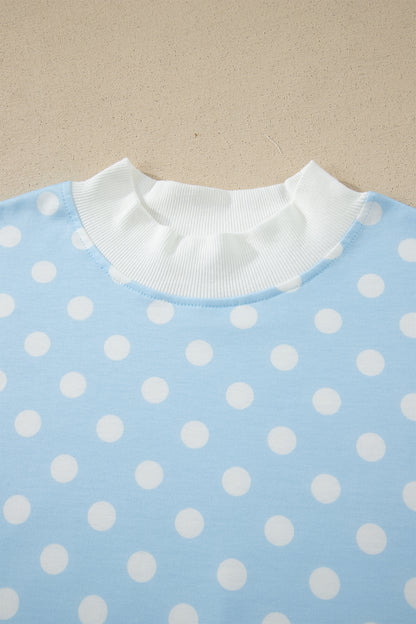 Pink Polka Dot Print Color Block Trim Mock Neck Short Set