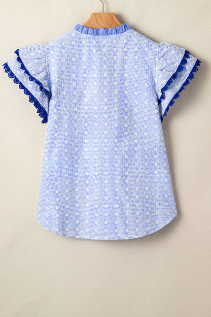 Beau Blue Eyelet Embroidered Flower Texture Contrast Lace Trim Flutter Sleeve Blouse