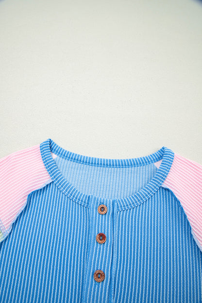 Twisted Ribbed Color Block Patchwork Henley Short Sleeve T Shirt