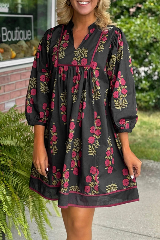Black Floral Print Notched Neck Piping Trim Bracelet Sleeve Baby doll Dress