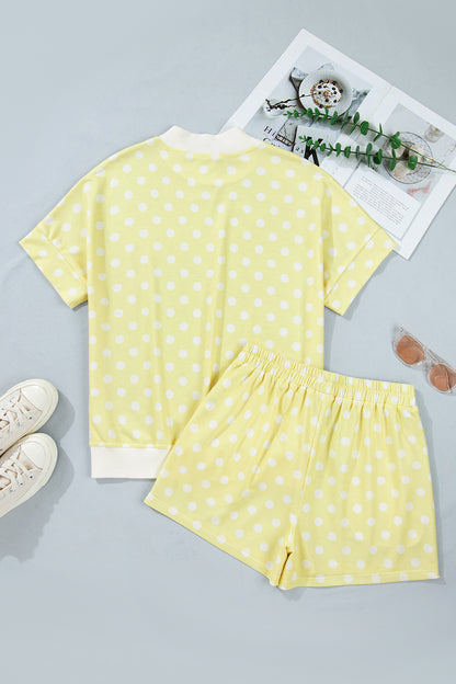 Pink Polka Dot Print Color Block Trim Mock Neck Short Set