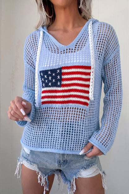White Hollow Out Crochet Knit American Flag Patched Sweater Hoodie