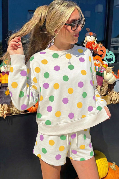 Pink Polka Dot Print Drop Shoulder Pullover Drawstring Shorts Set