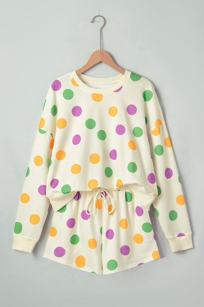 Pink Polka Dot Print Drop Shoulder Pullover Drawstring Shorts Set