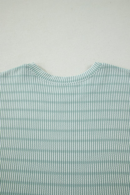 Rose Stripe Raised Rib Loose Tee Drawstring Elastic Waist 2pcs Short Set