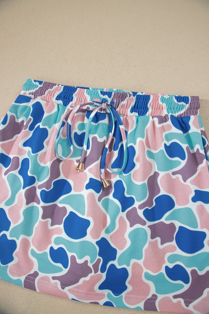 Khaki Abstract Camo Elastic Waist Drawstring Mini Skort