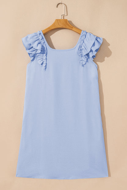 Beau Blue Textured Flutter Sleeve Square Neck Bow Back Mini Dress