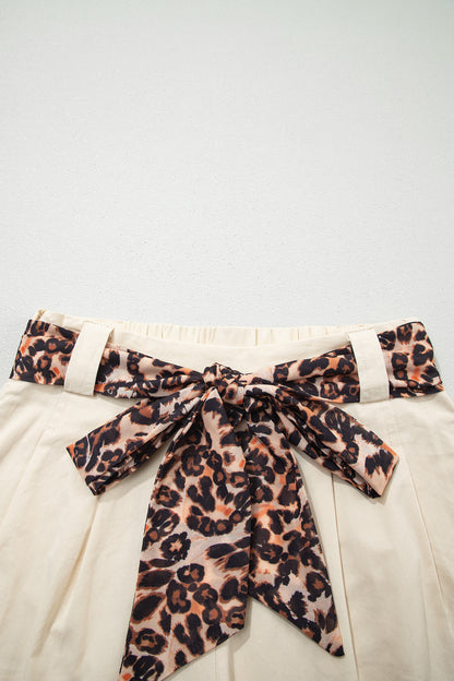 Oatmeal Leopard Contrast Sash Belt Pleated Wide Leg Shorts