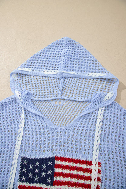 White Hollow Out Crochet Knit American Flag Patched Sweater Hoodie