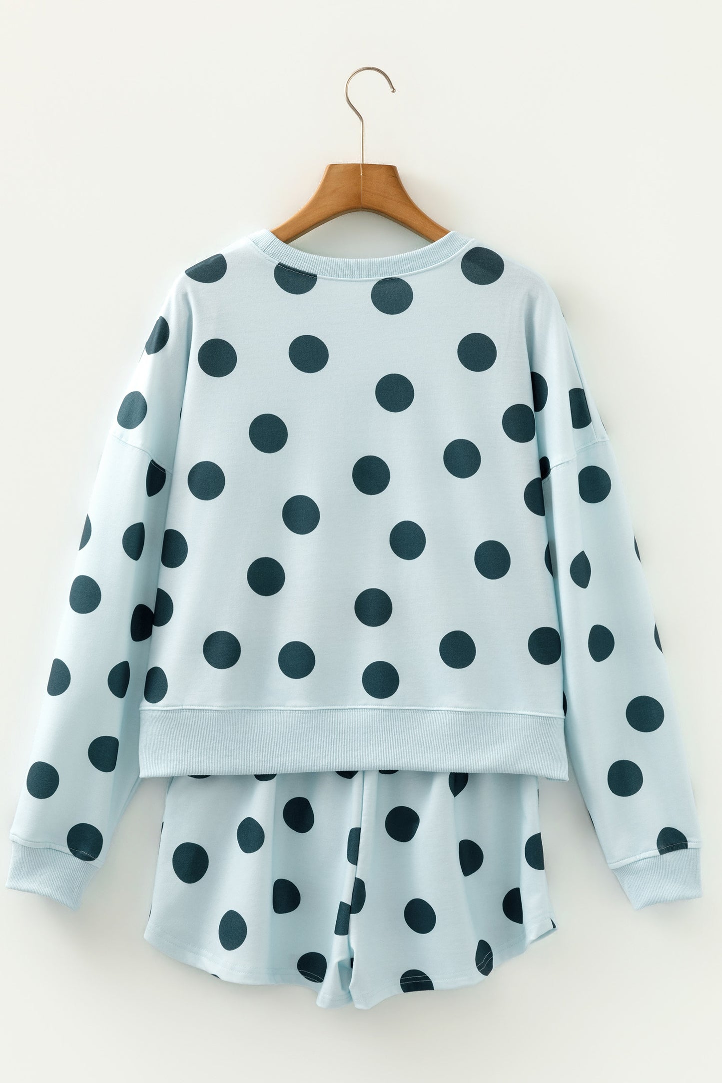Pink Polka Dot Print Drop Shoulder Pullover Drawstring Shorts Set