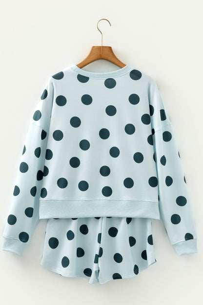 Pink Polka Dot Print Drop Shoulder Pullover Drawstring Shorts Set