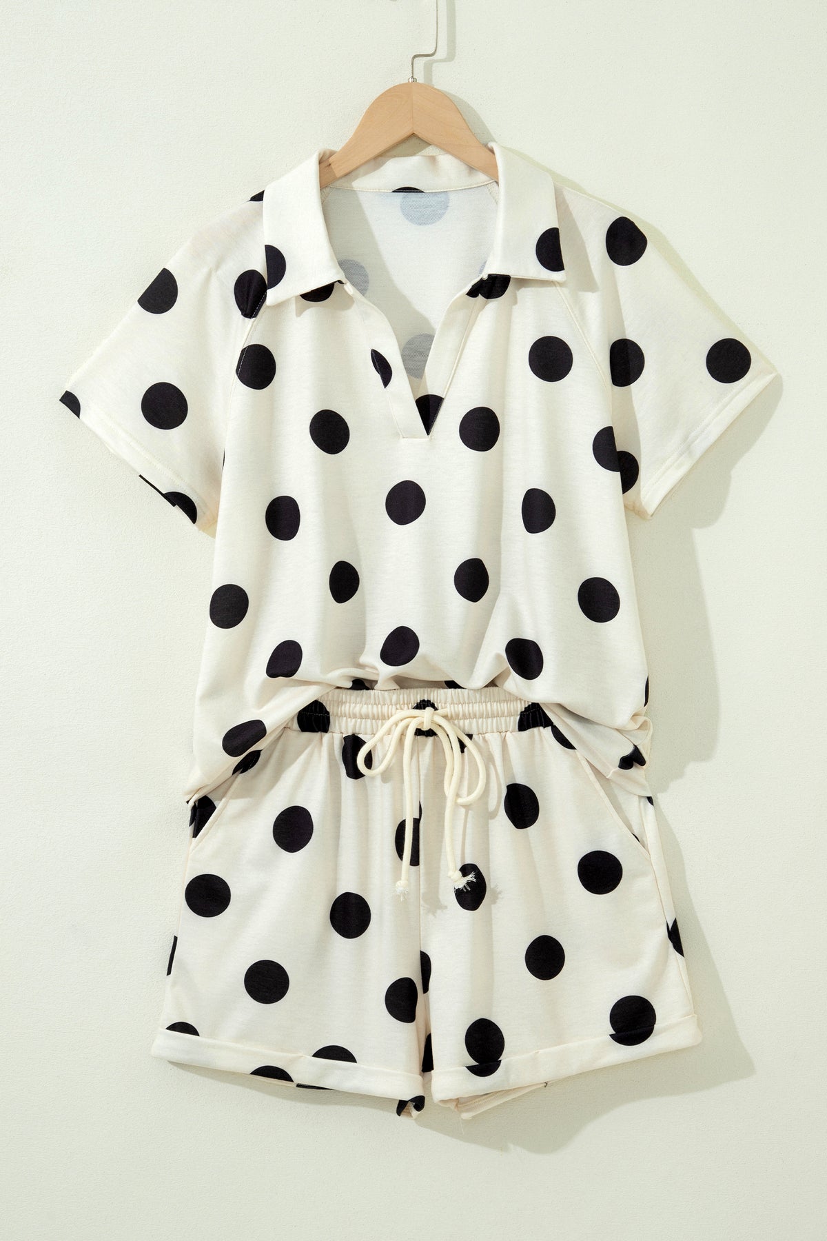 Beige Polka Dot Print V Neck Tee Short Set