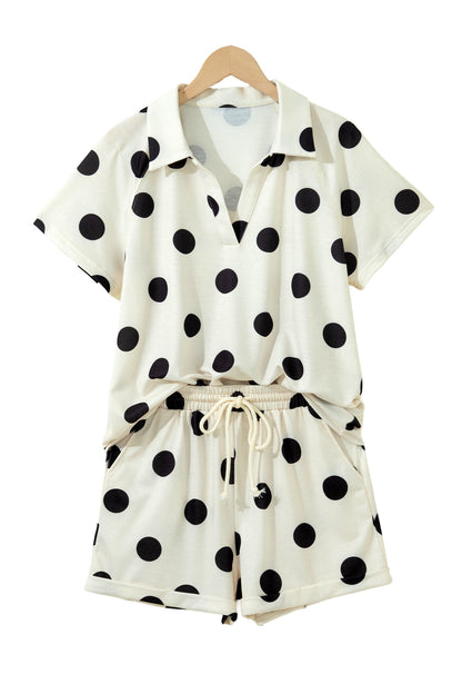 Beige Polka Dot Print V Neck Tee Short Set