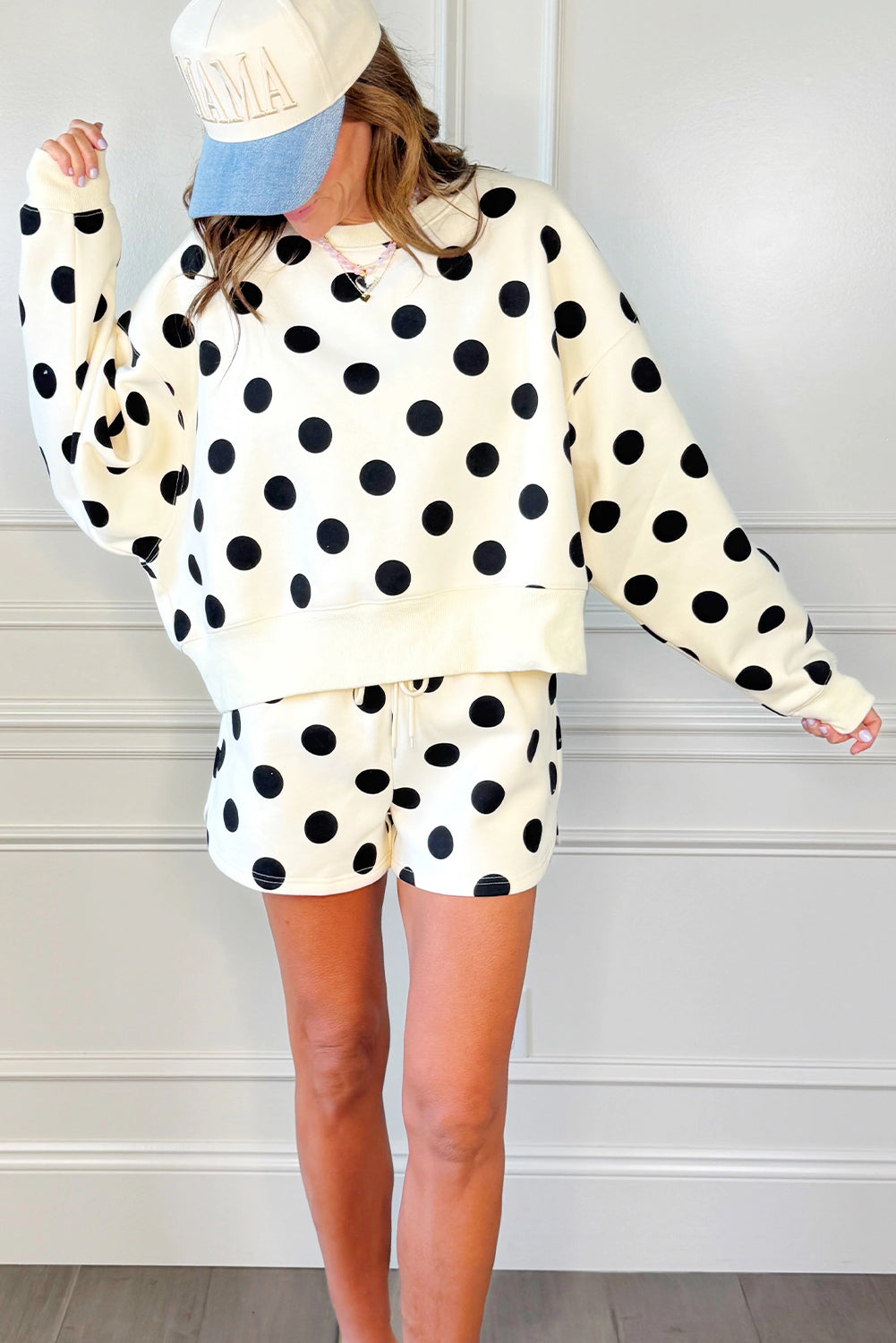 Pink Polka Dot Print Drop Shoulder Pullover Drawstring Shorts Set