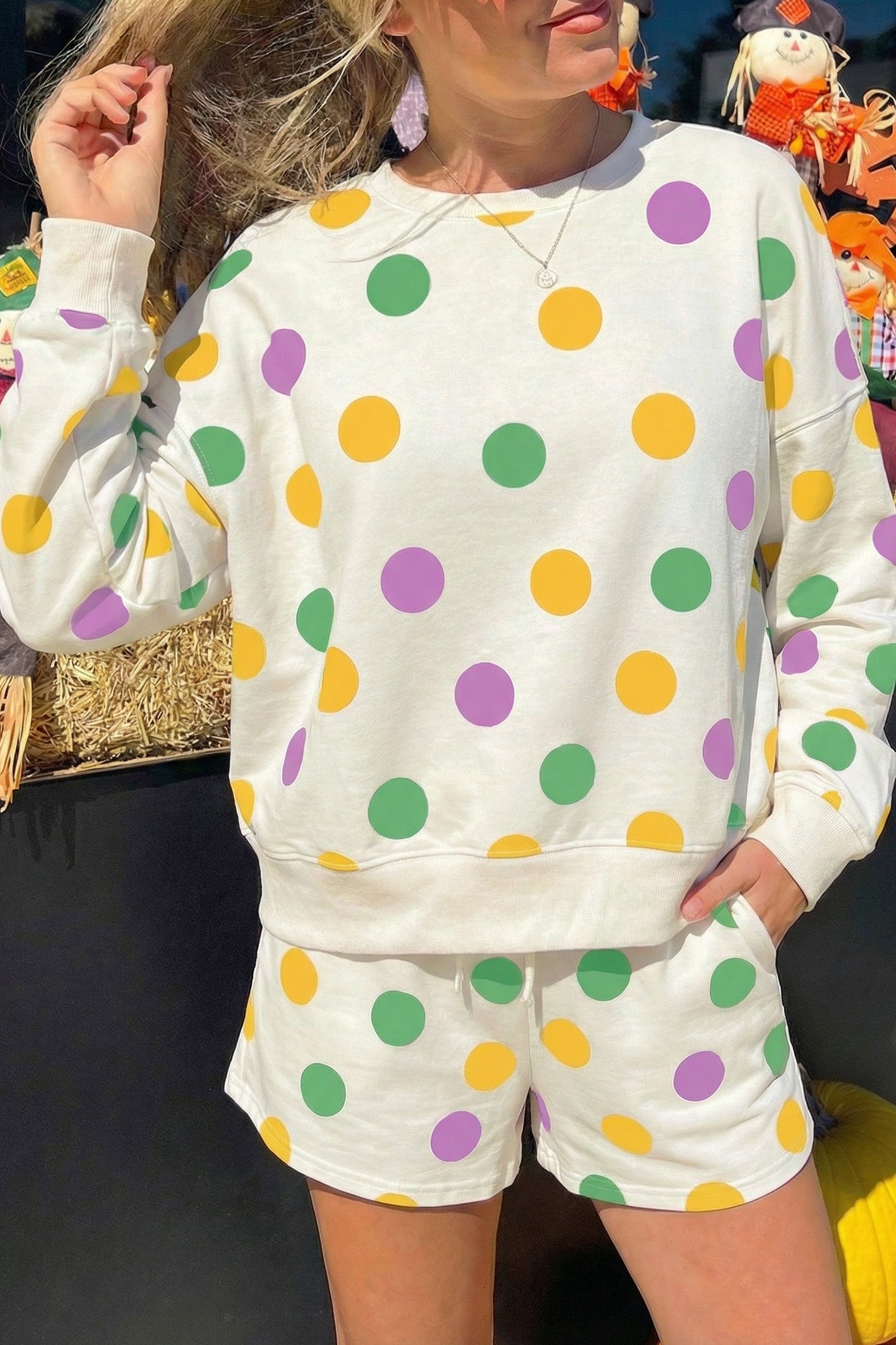 Pink Polka Dot Print Drop Shoulder Pullover Drawstring Shorts Set