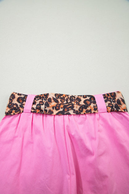 Oatmeal Leopard Contrast Sash Belt Pleated Wide Leg Shorts