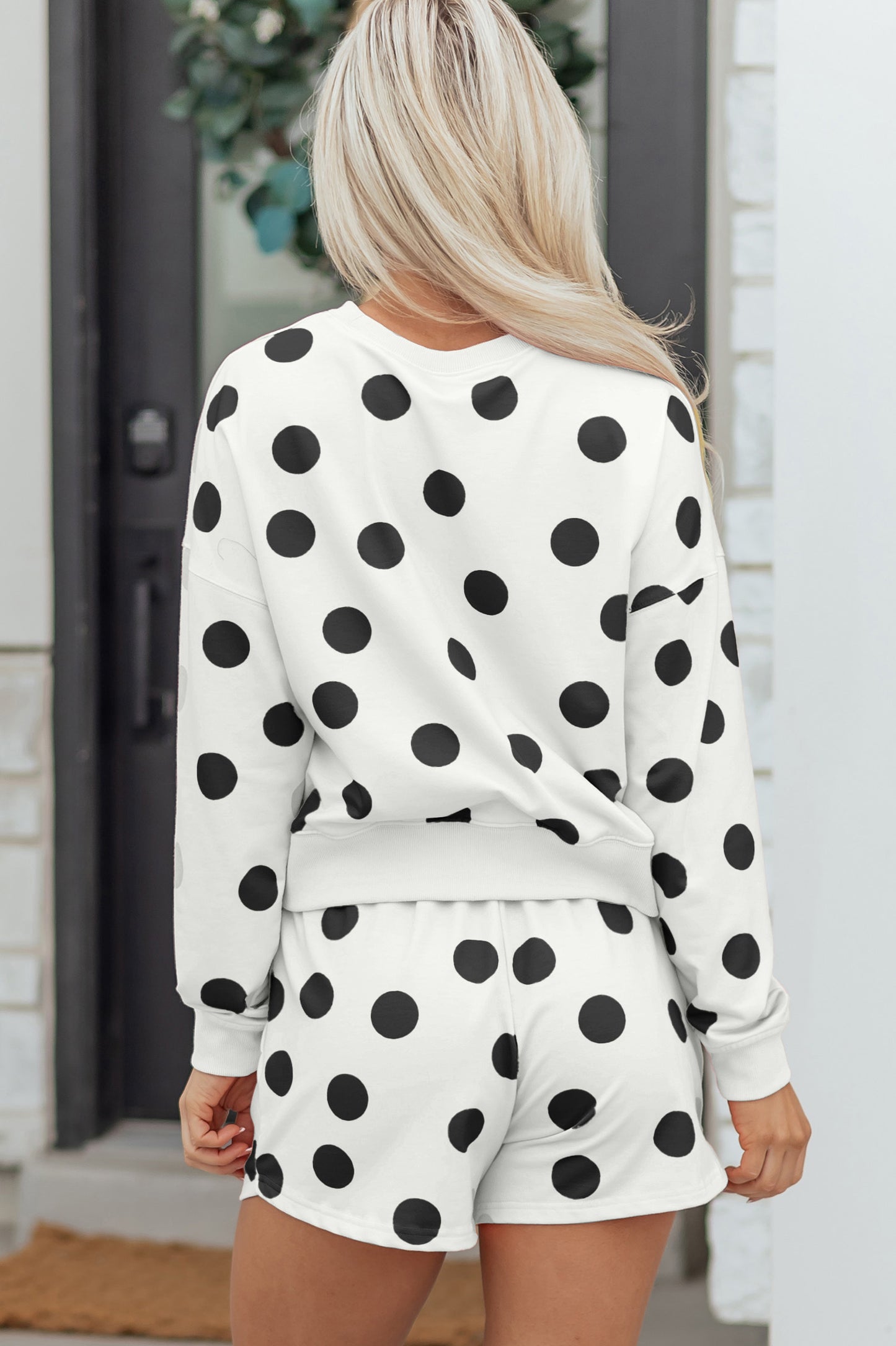 Pink Polka Dot Print Drop Shoulder Pullover Drawstring Shorts Set
