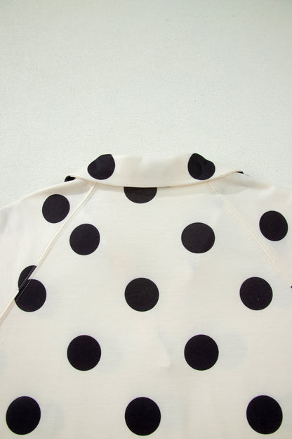 Beige Polka Dot Print V Neck Tee Short Set