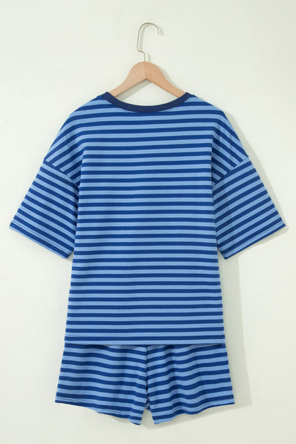 Blue Stripe Striped Ribbed Cotton Two-Piece Short Set with Chest Patch Detail