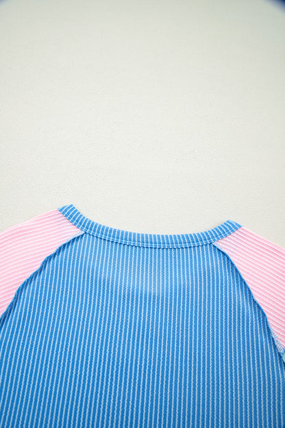 Twisted Ribbed Color Block Patchwork Henley Short Sleeve T Shirt