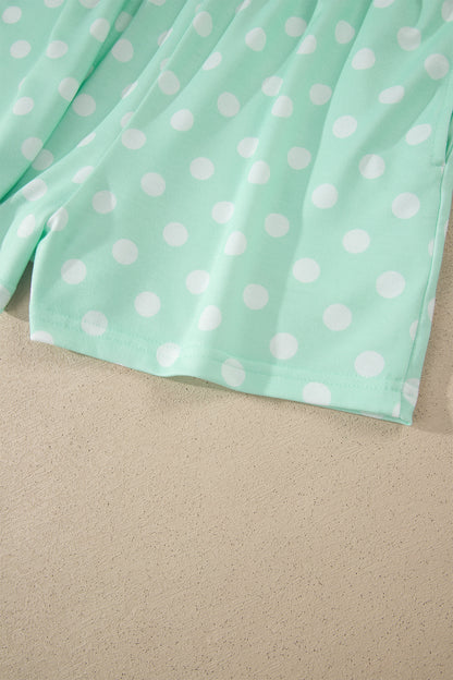 Pink Polka Dot Print Color Block Trim Mock Neck Short Set