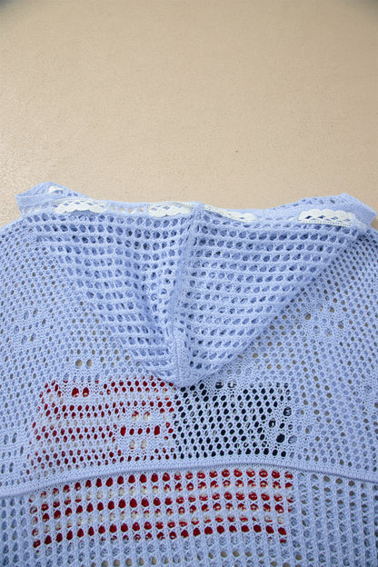 White Hollow Out Crochet Knit American Flag Patched Sweater Hoodie