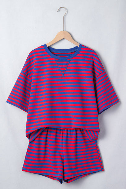Blue Stripe Striped Ribbed Cotton Two-Piece Short Set with Chest Patch Detail