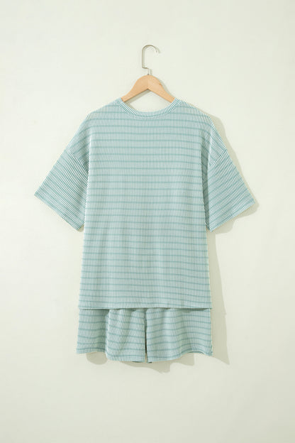 Rose Stripe Raised Rib Loose Tee Drawstring Elastic Waist 2pcs Short Set