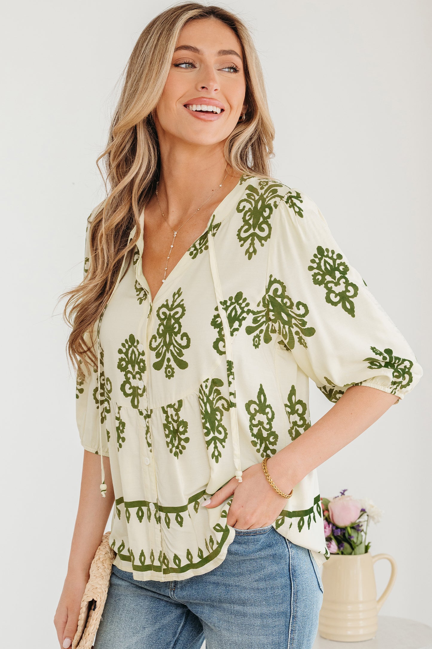 Apricot Floral Print Tie V Neck Button Down Puffy Half Sleeve Shirt