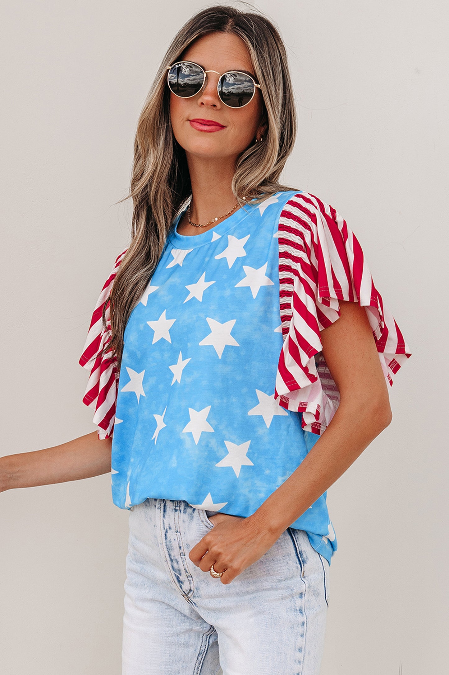 Sky Blue Vintage Star Print Striped Ruffle Sleeve Independence Day Top