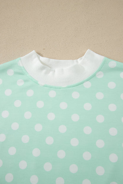 Pink Polka Dot Print Color Block Trim Mock Neck Short Set