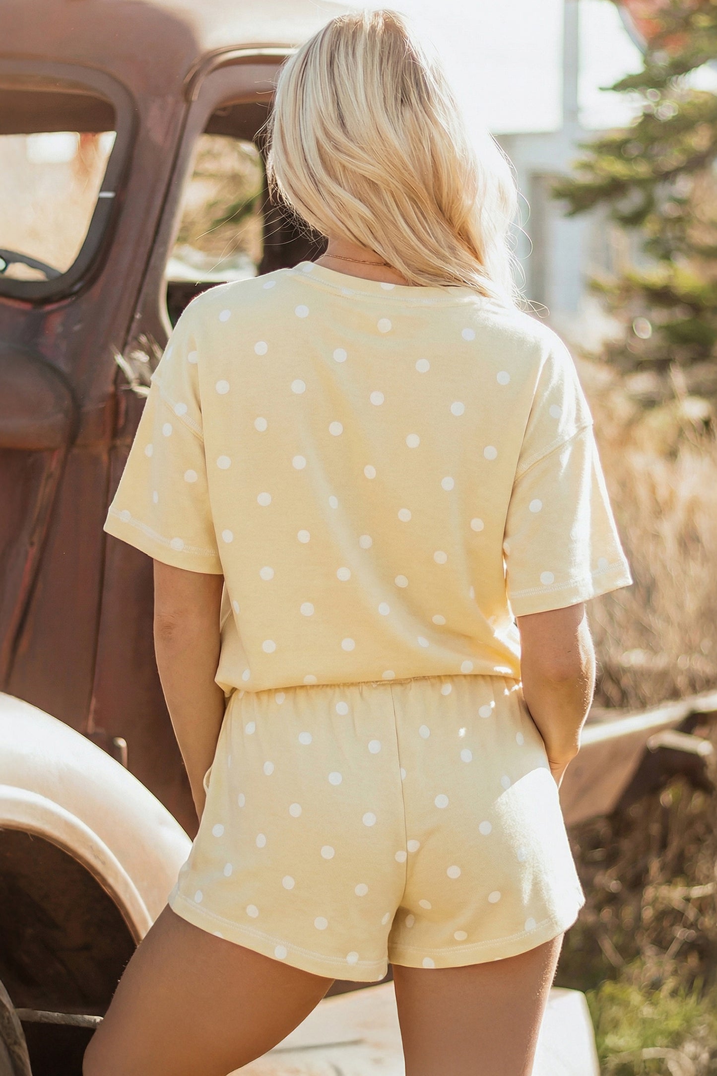 Black Exposed Seam Detail Polka Dot Loose Tee Drawstring Shorts Set